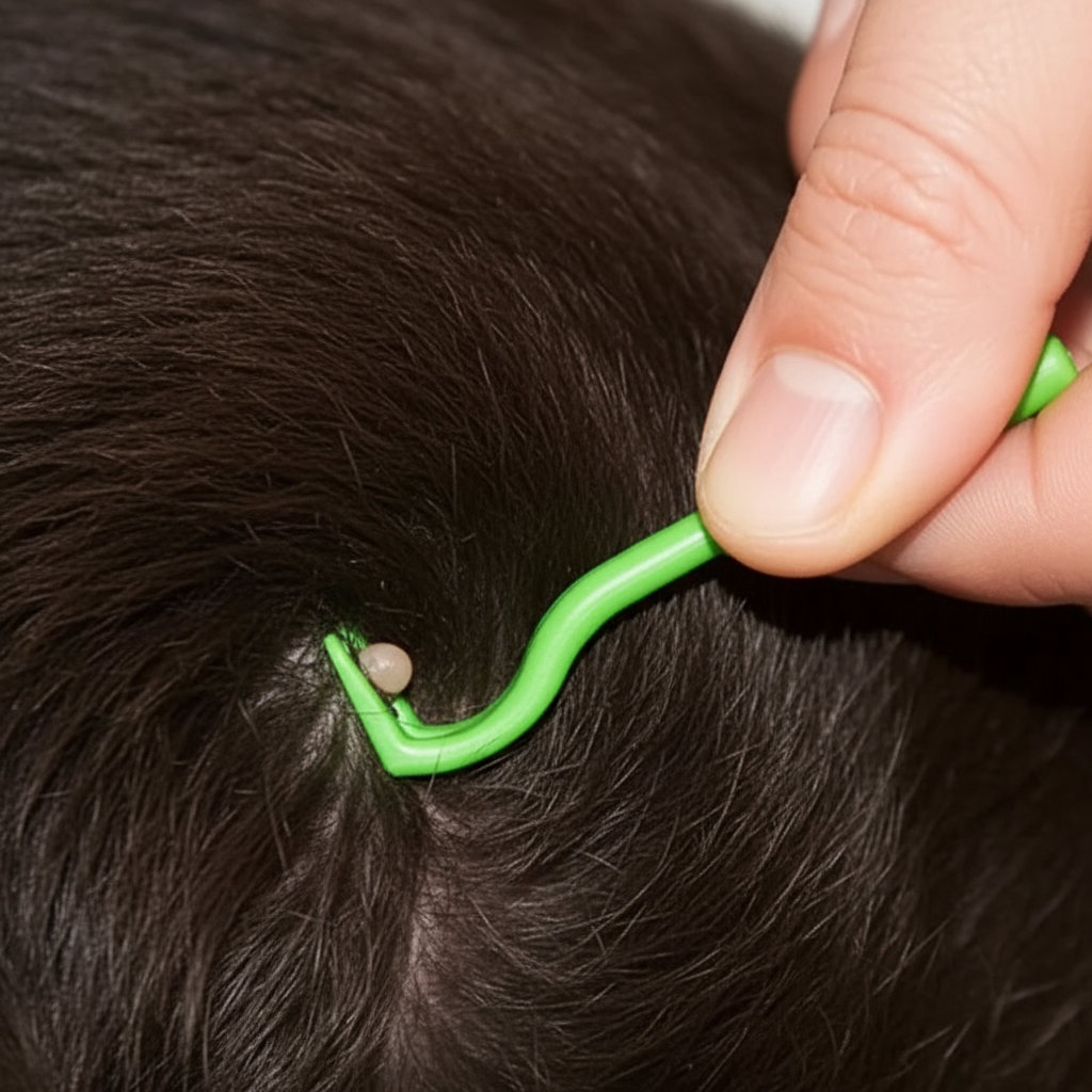 Green tick removal tool in use on dog